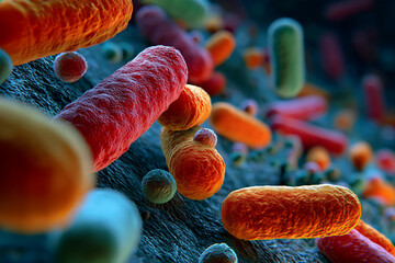 Poster - Microscopic view of colorful bacteria, rod-shaped and spherical, exhibiting textured surfaces. Illustrates microbiology, science, and research concepts