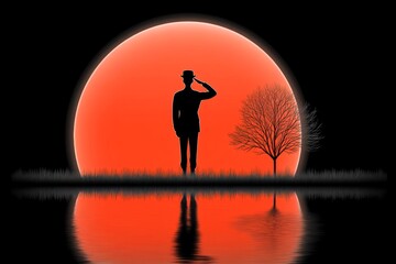 Poster - Simple silhouette of a soldier saluting beneath a rising sun with clean lines