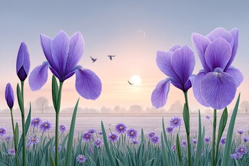 Aufkleber - Watercolor painting of a calm sunset over a flower-filled field glowing with warm light of the longest day