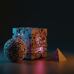 Poster - Abstract 3D Render Neon Glowing Geometric Shapes Cube Sphere Pyramid Futuristic Digital Art