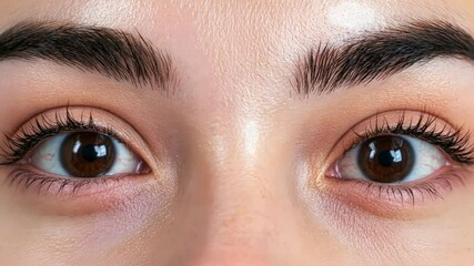 Poster - Professional makeup highlighting the beauty of brown eyes with perfectly shaped eyebrows and long eyelashes, ideal for beauty, cosmetics, and ophthalmology projects