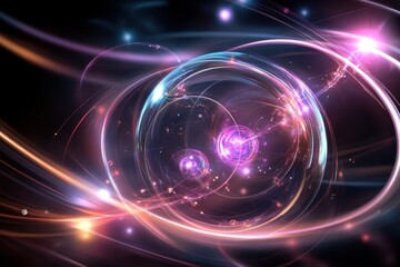 Poster - Vibrant abstract representation of atomic particles in a cosmic setting with glowing lights