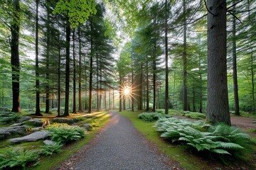 Poster - A forest bathed in golden light during sunset on the summer solstice