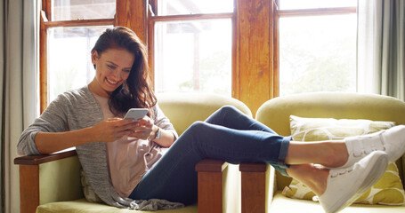 Poster - Phone, relax and woman on sofa in home on mobile app for online dating with connection in house. Technology, calm and female person on couch with cellphone for texting in living room at apartment.
