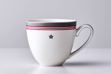 Wall Mural - A minimalist coffee mug with a small blue star and thin red stripe on a white background