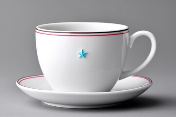 Wall Mural - A minimalist coffee mug with a small blue star and thin red stripe on a white background