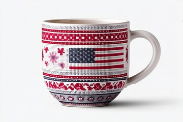 Poster - A pixel art style coffee mug with blocky stars and flag pattern in retro video game palette