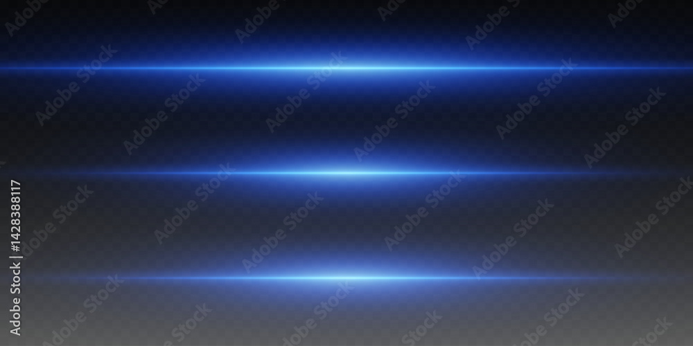 Set of neon blue light horizontal lines. On a transparent background ...