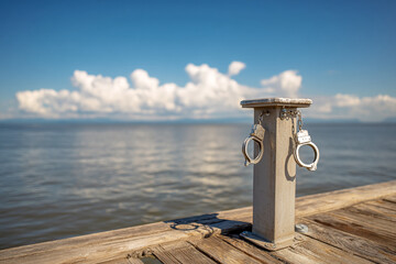 Fototapete - Metal handcuffs hang on a post on a wooden dock overlooking calm water and a cloudy sky, suggesting themes of freedom, constraint, or a change of perspective