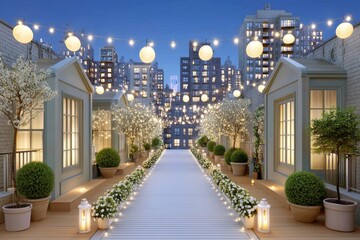Aufkleber - A rooftop garden glowing with light during a solstice gathering
