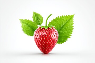 Poster - A simple red strawberry icon with two tiny leaves on a white surface