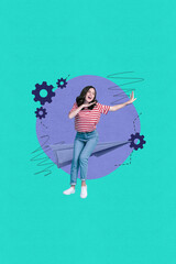 Poster - Banner abstract collage of person dance flying paper plane with gears on green color background