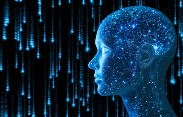 Poster - Digital human face representing artificial intelligence AI, cutting-edge technology, innovation, neural networks, virtual reality, machine learning, scientific computing
