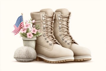 Poster - Simple illustration of a folded flag beside a helmet and boots drawn in clean 2D on white
