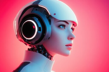 Poster - Futuristic humanoid robot with sleek design in a vibrant pink background