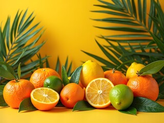 Fototapete - Summer Fruit Festive Setup: A refreshing close-up of a corner decorated with summer fruits, palm leaves, and bright yellow elements.