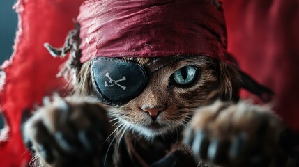 this striking image features a cat dressed as a pirate, complete with an eye patch and red bandana, 