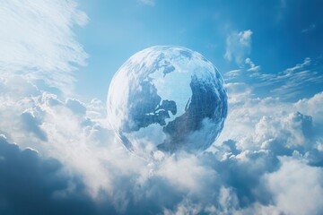 Floating planet in a bright blue sky surrounded by soft white clouds during daytime