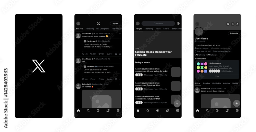 X (formerly Twitter) UI template mockup 2025. Featuring tweet layout ...