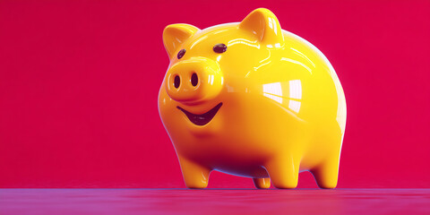 Poster - Yellow piggy bank on red background, shiny surface, cheerful expression, symbolizes savings, finance, wealth, prosperity