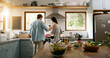 © BuyoutReese10/peopleimages.com - Back, couple and cooking food in kitchen with organic ingredients, meal prepare and healthy lunch. People, wine and nutrition salad with vegetables, vegan diet and bonding of partner support at house