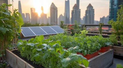 Aufkleber - Rooftop garden thrives with greenery and vegetables, utilizing hydroponics and solar panels, showcasing sustainable urban living against a city skyline at sunset.