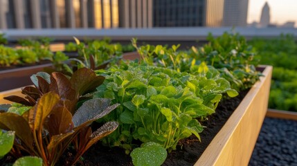 Aufkleber - Rows of fresh greens thrive in wooden planters atop a city building, showcasing hydroponics and vertical agriculture. Sunshine nourishes the plants, highlighting urban sustainability efforts.