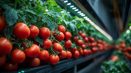Aufkleber - Rows of ripe tomatoes grow abundantly in a high tech hydroponics setup, highlighting sustainable agriculture in an urban farming project dedicated to green living and self sufficiency.