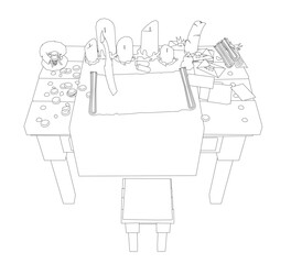 Poster - A table with a chair and a stool with a bunch of things on it. The table is covered with various items such as a bowl, a vase, a candle
