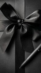 Poster - Black textured paper gift box with a large black ribbon bow and pen, showcasing elegant simplicity and sophistication for luxury or business branding