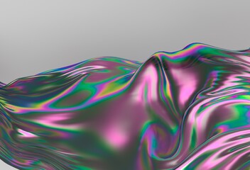 Poster - Colorful abstract 3D illustration of iridescent flowing fabric with green, pink, and purple hues on a smooth gray background, evoking a sense of movement and fluidity.
