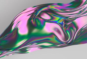 Poster - Colorful abstract 3D illustration of iridescent flowing fabric with green, pink, and purple hues on a smooth gray background, evoking a sense of movement and fluidity.
