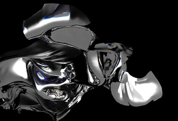 Aufkleber - Metallic 3D illustration with fluid, silver waves flowing against a black background, creating a modern, abstract, and dynamic visual effect.