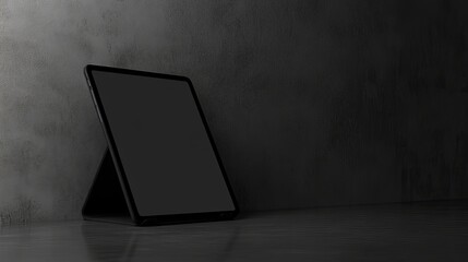 Poster - Elegant Black Tablet Mockup on Dark Concrete Background Modern Digital Device Presentation Minimalist Technology Product Display Stylish Screen Template Professional Tablet Showcase Dark Grey Surface 