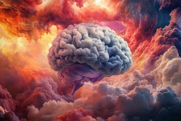 Poster - Surreal depiction of a brain amidst colorful cloud formations at dusk