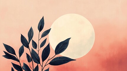 Poster - Elegant Dark Leaves Branch Silhouette Pastel Pink Moon Background Botanical Illustration Peaceful Nature Scene Tranquil Artistic Design Soft Color Palette Minimalist Artwork Serene Aesthetic Simple   