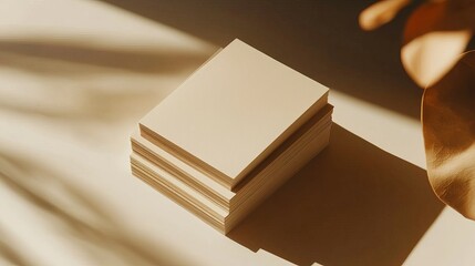Poster - Elegant Stack of Beige Square Papers Minimalist Mockup Branding Design Template Neutral Color Palette Soft Light Shadow Photography Sunlit Scene Aesthetic Product Presentation Background Texture tone 