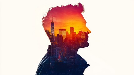 Poster - silhouette of a man with cityscape sunset double exposure modern urban profile image artistic powerf