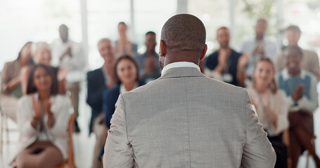 Aufkleber - Presentation, speaker and back of man with business people in office for conference, training and meeting. Corporate manager, discussion and workers in workshop, convention and seminar for finance