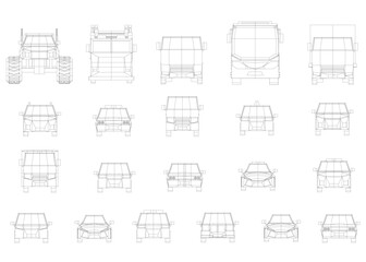Poster - A series of car drawings are shown in various stages of development. The drawings are all in black and white and show from front view. Scene is one of creativity