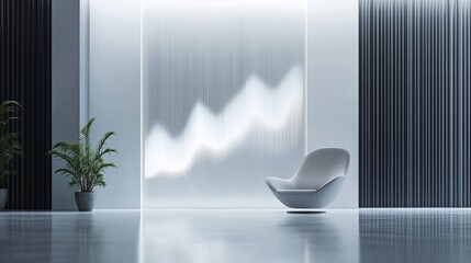 Poster - Modern Minimalist Office Interior Design White Chair Abstract Line Art Wall Decor Elegant Contemporary Workspace Professional Business Setting Peaceful Serene Atmosphere Stylish Room Gray Walls Plants