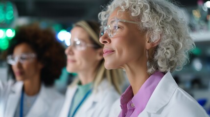 Poster - women scientists in laboratory observing experiments with interest and focus during a research sessi