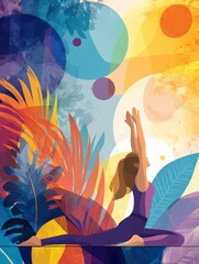 Poster - Yoga Woman Stretches Gracefully Amid Bold Abstract Backdrop Featuring Vibrant Tropical Leaves in an Artistic Setting