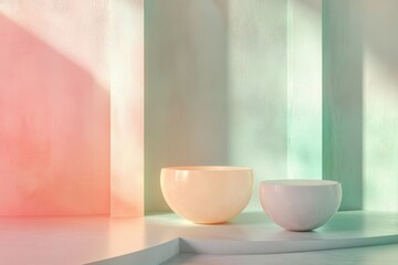 Poster - Beautifully styled minimalist bowls on a softly colored backdrop in a bright space