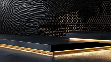 Poster - Elegant Black Gold Geometric Platform Product Display Background Luxury Modern Design Studio Backdrop Minimalist Scene Presentation Showcase Dark Honeycomb Texture Illuminated Stage 3d wall rich floor