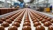 © moonart - Rows of glossy chocolate shells sit on a conveyor belt in a production facility. Workers are present in the background, engaged in the manufacturing process under bright lights