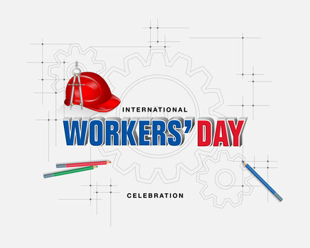 Holidays, design background with handwriting texts, safety helmet and compass for celebration of International Workers' day; Vector illustration.