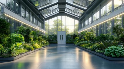 Aufkleber - A bright, modern greenhouse showcases diverse plants thriving in a hydroponic system, emphasizing sustainability and self sufficiency within an eco friendly urban landscape.