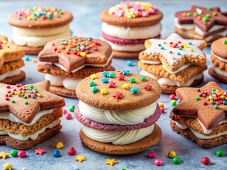 Poster - collection of colorful cookies with various toppings such as sprinkles and stars, displayed on table.