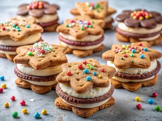 Aufkleber - stack of decorated cookies with frosting and sprinkles, arranged on table.